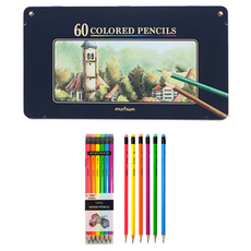 문화연필 색연필 틴 케이스 60색 + 투코비 코마 삼각 지우개 연필 TC-208 B 12p 세트, 혼합색상, 1세트
