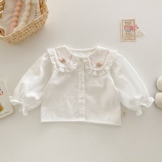 JOYMULTI 女童款愛心花朵長袖刺繡翻領雪紡衫
