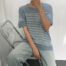 뜨개진 여성용 비스코스 루즈핏 옆트임 언발 에비히 라운드 반팔 니트