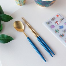 보겐 에펠 프리미엄 커트러리 4종 세트, 숟가락 + 젓가락 + 파우치, 골드 + 네이비(숟가락, 젓가락), 랜덤발송(파우치)