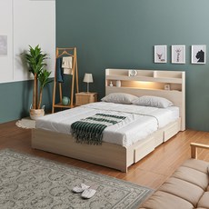 크렌시아 라피스 LED 일반서랍형 침대 프레임 + 라운드 본넬 매트리스 세트 방문설치, 메이플