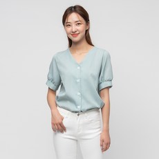 CARET 女款 V領 泡泡短袖 襯衫, Free Size, 薄荷綠色
