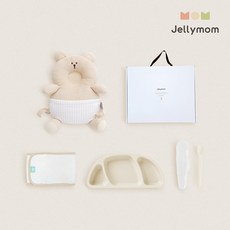 젤리맘 신생아 출산선물 아기머리보호대 + 실리콘 아기식판 + 이유식스푼 + 오가닉 스트랩 세트, 곰돌이 오트밀(보호대), 크림베이지(식판), 크림베이지(스푼), 1세트