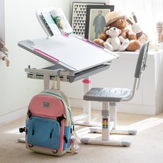 루나랩키즈 아동용 어린이 높이 각도 조절 꾸러기 책상 + 의자 세트, 핑크