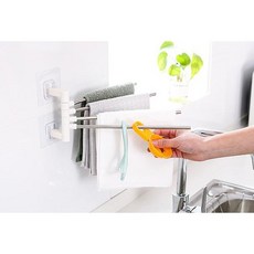 Marketpo 壁貼式四桿旋轉抹布架, ABS+不鏽鋼材質, 180°旋轉, 無痕貼, 5KG承重, 易於收納, 銀色, 30.5 x 8cm, 2個