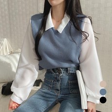 엘쏘 여성용 폴로 카라 투피스레이어드 루즈핏 긴팔 티셔츠