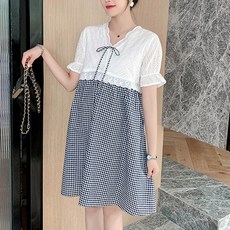 임산부 패션나비 레이스 체크 브이넥 빅사이즈 반팔 수유 원피스