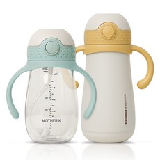 마더케이 유아용 허그 보온 빨대컵 350m + 허그 추 빨대컵 300ml 세트, 1세트, 머스터드 + 민트