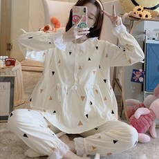임산부 프릴레이스 큐티패턴 수유 잠옷 상하의 세트