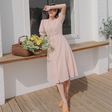 로미스토리 청순 브이넥 체크 원피스