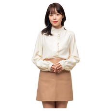 CARET 女款荷葉邊雪紡衫，長袖，荷葉邊領口，奶油色/黑色, Free Size