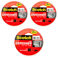 3M Scotch 超強悍VHB膠帶, 24mm x 2yd, 耐高溫, 防水, 抗UV, 三倍黏力, 室內戶外都適用, 3個
