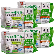LEC 激落君 廚房濕巾 20枚入, 日本製造, 鹼性清潔, 除菌, 4包, 300 x 200mm