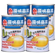 牛頭牌 原味高湯 昆布海鮮風味, 萃取昆布鮮甜滋味, 搭配柴魚精華與洋蔥香氣, 411ml, 4罐