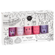 nailmatic KIDS 派對水漾亮彩指甲油組 Set 5入, 雪碧+波莉+曲奇+凱蒂+格洛, 8ml, 法國製兒童指甲油, 晶亮紫+晶亮粉+水漾粉+Kitty紅+薰衣草亮粉紫 8ml, 1組
