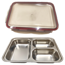 304不鏽鋼趣味分隔便當餐盒，可微波3格，25*18*5cm，1000ml，堅固卡扣，防漏矽膠圈，攜帶方便, 1個, 304不鏽鋼