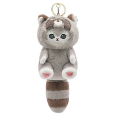 mofusand貓福珊迪森林動物長尾巴可愛造型玩偶吊飾鑰匙圈，小浣熊造型，毛茸茸觸感，精緻吊飾, 1個, 小浣熊