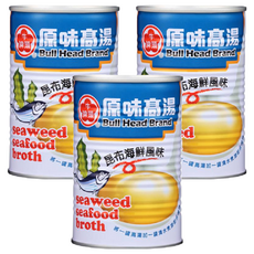 牛頭牌 原味高湯 昆布海鮮風味, 萃取昆布鮮甜滋味, 搭配柴魚精華與洋蔥香氣, 411ml, 3罐