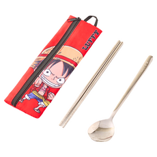 ONE PIECE 海賊王 魯夫款304不鏽鋼餐具組 (湯匙+筷子+收納袋), 湯匙 + 筷子 + 收納袋, 魯夫, 1組