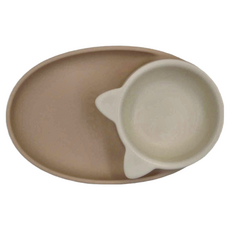 monee 3IN1白金矽膠兒童餐碗盤2件組 240 x 150 x 60mm, 餐盤 650ml + 碗體 270ml, 奶茶棕, 1組