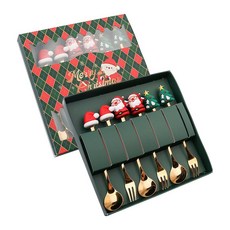 GHSHOP 6Pcs Xmas 칼붙이 키트 선물 상자가있는 스테인레스 스틸 디저트 스푼 포크 커트러리 세트 파티 레스토랑 용 크리스마스 스푼, 18.4cmx18.2cm, 스타일 D, 1개
