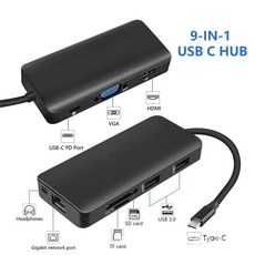 USB/C허브 TYPE C9합일 허브 HDMI VGA USB3.0SD/TF RJ45 Audio Port, C01-1m, T01-블랙