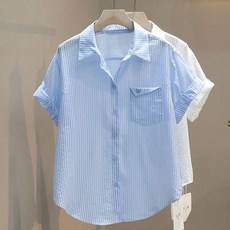 ROYALBELLE 여성 루즈핏 반팔 셔츠 싱글버튼 골지 캐주얼 자수 남방 U0052306