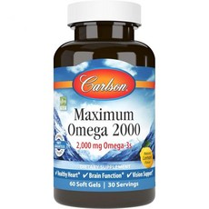 Carlson 칼슨 - EPA 및 DHA를 포함한 최대 오메가 2000 2000mg 오메가-3 지방산 야생 포획 노르웨이 어유 보충제 지속 가능한 공급 캡슐 레몬 60개, 60 Count (Pack of 1), 1개