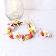 뷰티풀데코센스 들꽃크림 화관 + 꽃팔찌 4cm 세트, 오렌지트로피컬화관
