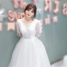 브이넥 퍼프 샤 드레스 셀프웨딩 브라이덜샤워 우정촬영 들러리 파티 원피스