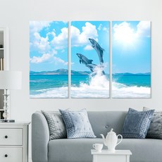 3분할 캔버스액자 시원한 그림 돌고래의 꿈, 돌고래의 꿈 40x80(cm) 3개