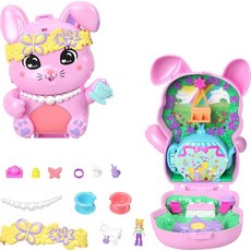 Polly Pocket 인형 및 놀이 세트 티 파티 버니 컴팩트 여행용 장난감 마이크로 인형 1개 애완동물 토끼 음식 및 패션 스타일링 액세서리