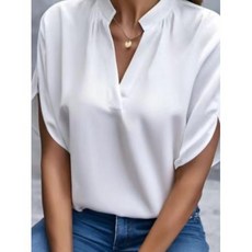 여성반팔블라우스 여름 반팔 루즈 블라우스 여성 캐주얼 브이넥 화이트 탑 우아한 심플 셔츠