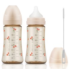 그로미미 체리쉬 젖병 트윈팩 (노꼭지 / 빨대솔포함), 300ml 로즈골드+빨대솔