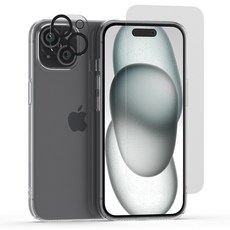 아이폰 15 아이스핏 슬리머 1mm 초슬림 투명케이스+0mm 강화유리 2매+카메라 빛번짐차단 필름 1매 세트