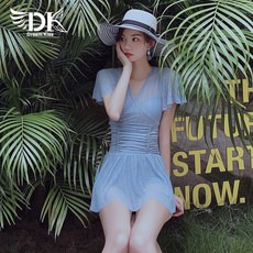 2021 예쁜 핫한 비키니 수영복 DK 배를 덮고 슬리밍 2021 새로운 패션 수영복 여성 한국어 바람 요정 팬 온천 수영복, XL, 푸른