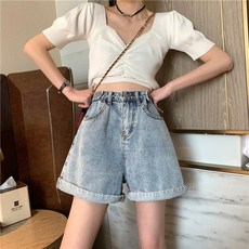 미래물 여름 복고 항아리 하이웨스트 슬림 롤업 와이드 청 반바지 위에 망고 레드 팬츠 여장ZZW