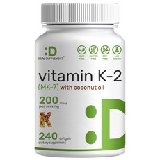 비타민 K2(MK-7) 200mcg 버진 코코넛 오일 소프트젤 240개 | 프리미엄 메나퀴논-7 형태 쉽게 흡수되는 비타민 K 보충제 - 뼈 관절 및 면역 지원 - GMO 프, Vitamin K2 MK7, 1개