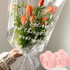 FANSDA 투명 대형 꽃다발 한송이 포장지 리본세트, 대형 50매입 꽃포장지+피치 샤리본