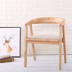 노르딕 스타일 의자 등받이 심플 카페 레스토랑 의자, 내추럴 우드 컬러 (화이트 린넨 쿠션)
