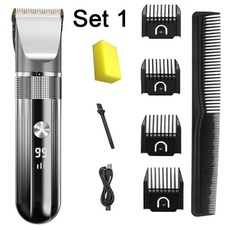 전기 헤어 클리퍼 전문 트리머 가정용 방수 LED 디스플레이 남성용 USB 충전 이발 도구 세트, 없음, 1) Black-Set1