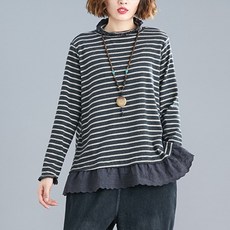 Feb.08 84번 봄가을 레크리에이션 A라인 귀마개 스트라이프 블라우스 여 긴팔 레이스 수술 T구호물자Z