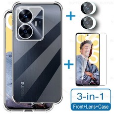 핸들커버 Realme C55 4G 케이스 실리콘 클리어 커버 Realmi Realmy C 55 55C RMX3710 RealmeC55 카메라 화면 보호기 용 3To1 강화 유리, [01] For Realme C55 4G, [01] 1Case 1Glass 1Lens