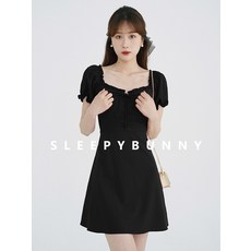 프렌치원피스 슬리피 래빗 스퀘어 넥 퍼프 슬리브 드레스 여성 여름 프랑스 디자인 센스 허리 슬림 레드 라인 스커트
