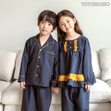 유아 아동 면 잠옷 주니어 남아 여아 긴팔 체크 파자마 네이비NY