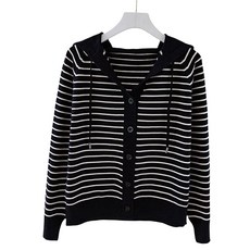 ROYALBELLE 여성 니트 후드 가디건 티셔츠 줄무늬 루즈핏 숏 스웨터 상의 캐주얼룩 V11814