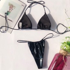 사이즈S YAUASOPA 여성 샤이니 비키니 마이크로 섹시 스트링 액상 메탈릭 글리터 2피스 수영복 여성 Thong 수영복(블랙 US(2-, 단일옵션