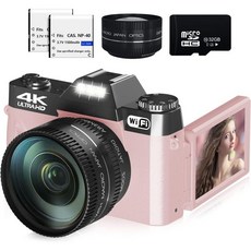 [관부가세포함] 사진용 디지털 카메라 WiFi 수동 초점 16배 줌 52mm 광각 렌즈 및 매크로 32GB, Pink