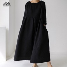 POMTOR 여성 루즈핏 롱원피스 3색 린넨원피스 캐주얼 긴팔 원피스