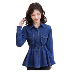 Mayfox 여성 폴로넥 데님 셔츠 봄가을 고급스러운 캐주얼 루즈핏 조거 긴팔 셔츠 풀오버 포켓 조거 숏탑